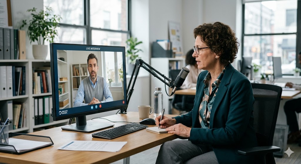 Live moderator at desk with dual monitors, conducting the interview.