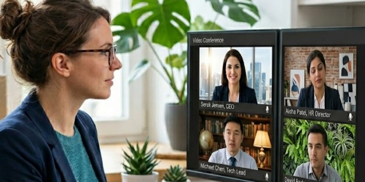 Respondent at desk in casual business attire facing dual monitors with a video-conference panel of four interviewers.